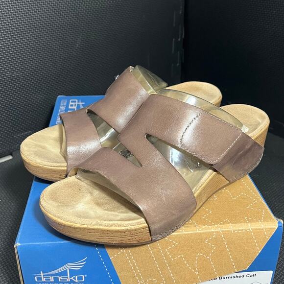 Dansko Lacee Burnished Calf Leather Strappy Sandal Taupe Brown Womens 39 US 8.5 - Picture 1 of 7